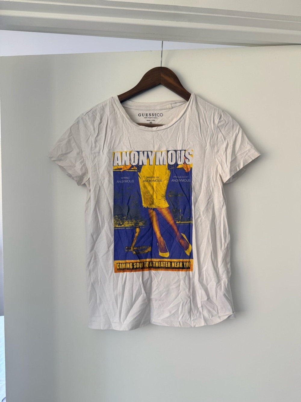 Guess White Graphic Short Sleeve Tee with Blue and Yellow Print